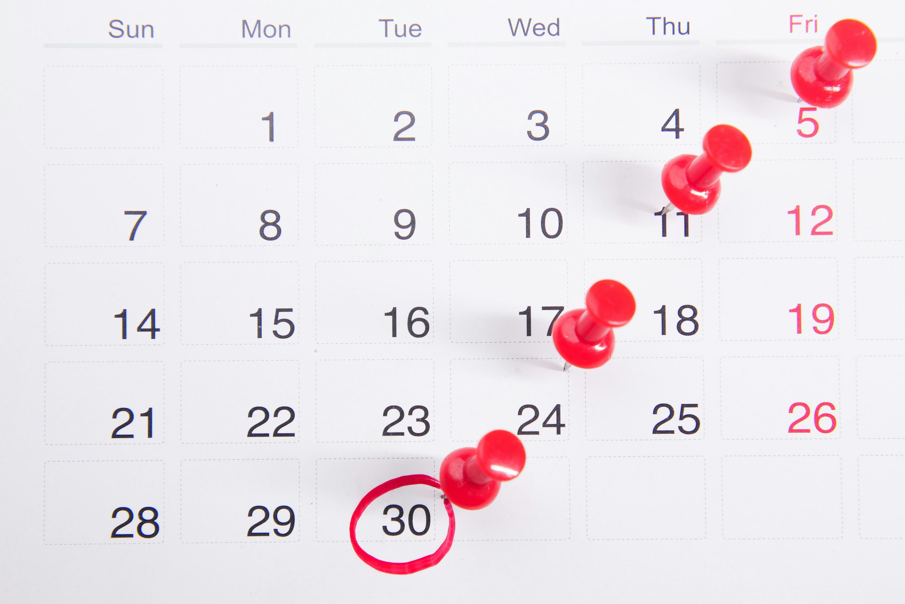 A calendar with pins marked on it.