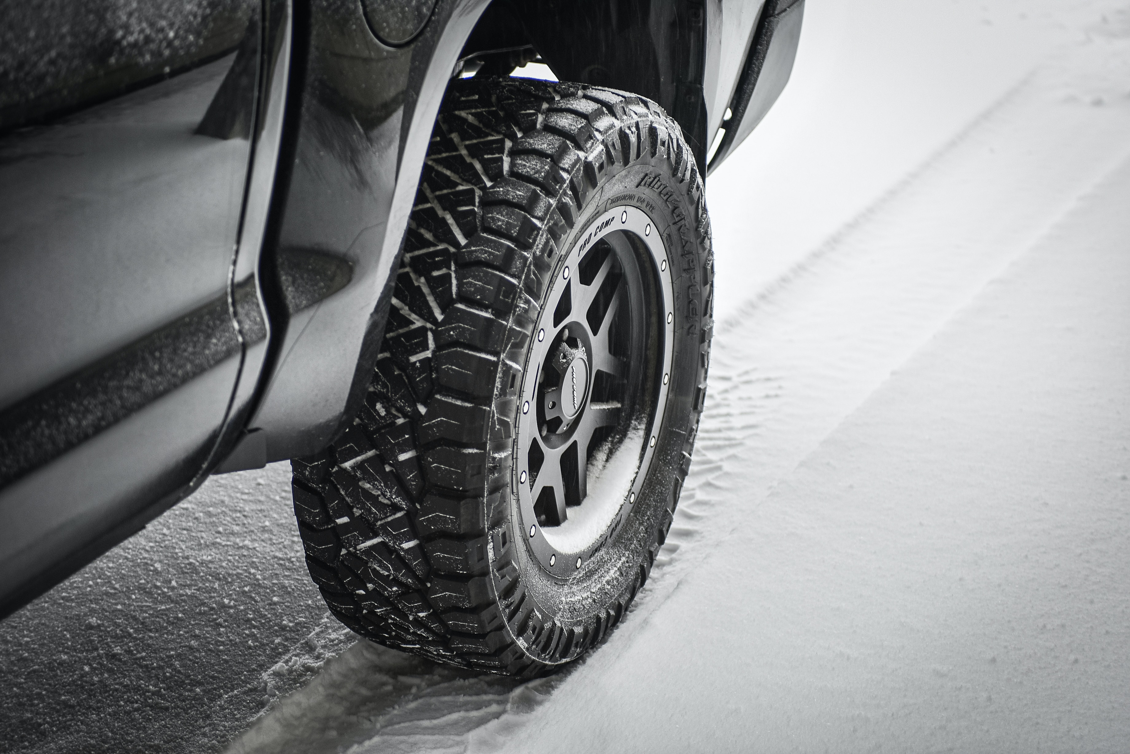 A winter tyre on snow.